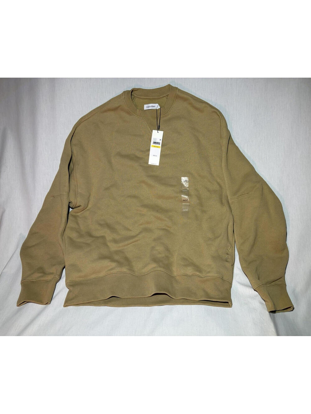 Calvin Klein Men's Beige Solid Crew Neck Pullover Embroidered Logo Sweatshirt M